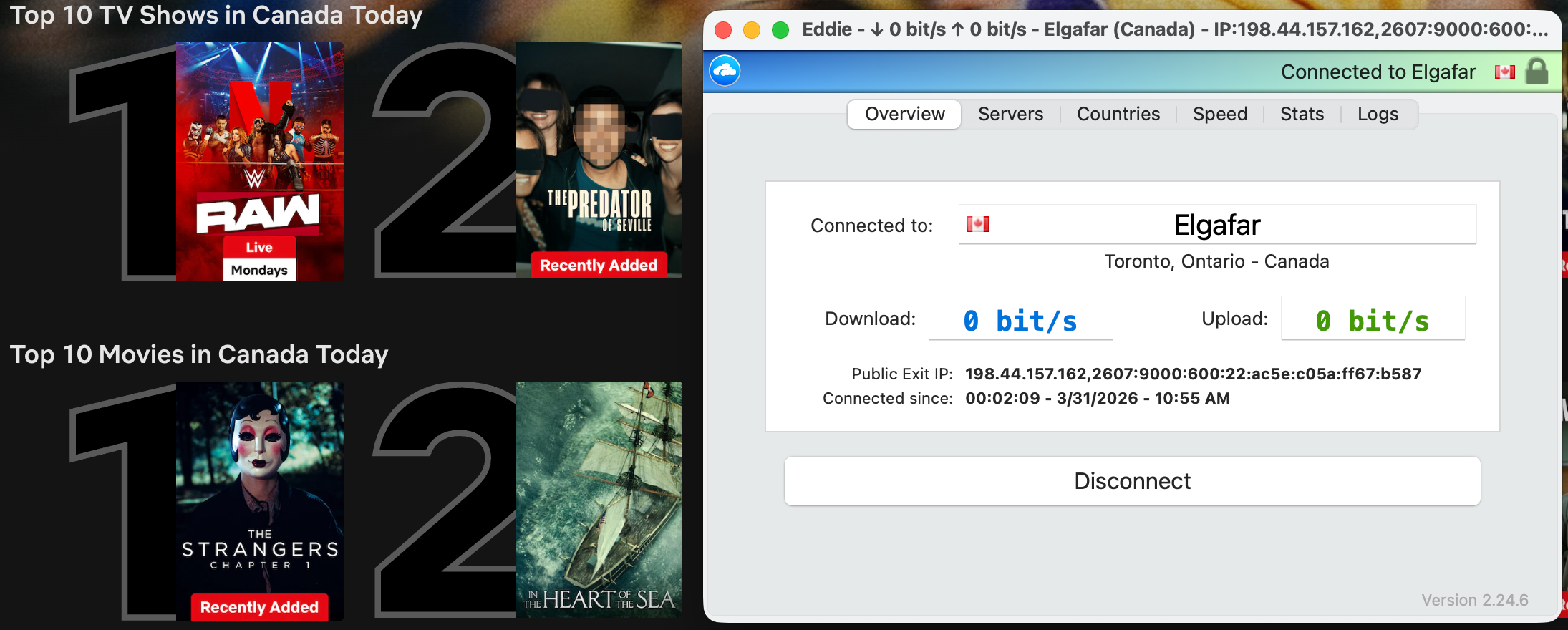 Netflix list of top shows and movies in Canada today with AirVPN in the foreground