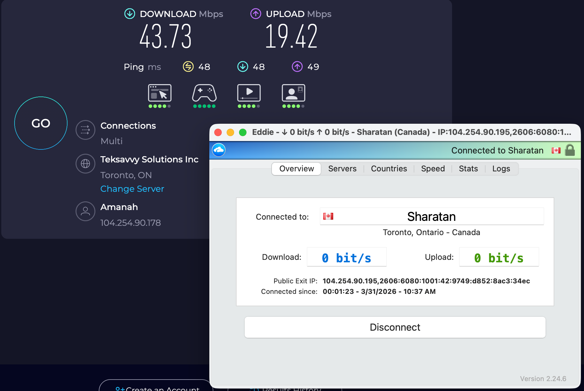 Speed test results for AirVPN while connected to a server in Toronto (43.73 download, 19.42 upload, 48 ping)