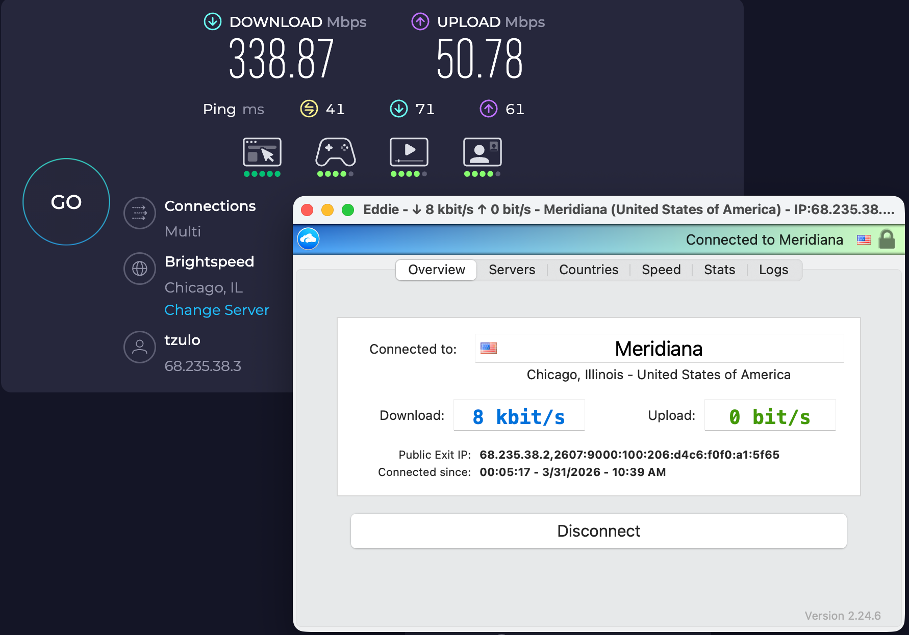 Speed test results for AirVPN while connected to a server in Chicago (338.87 download, 50.78 upload, 35 ping)