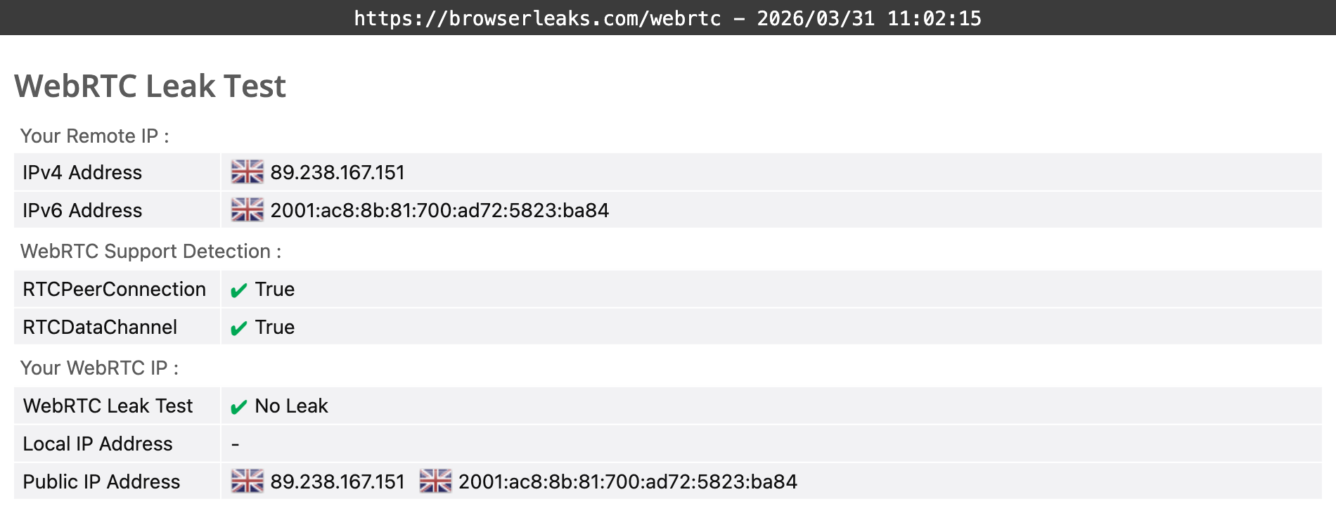AirVPN's DNS leak test results (passed)