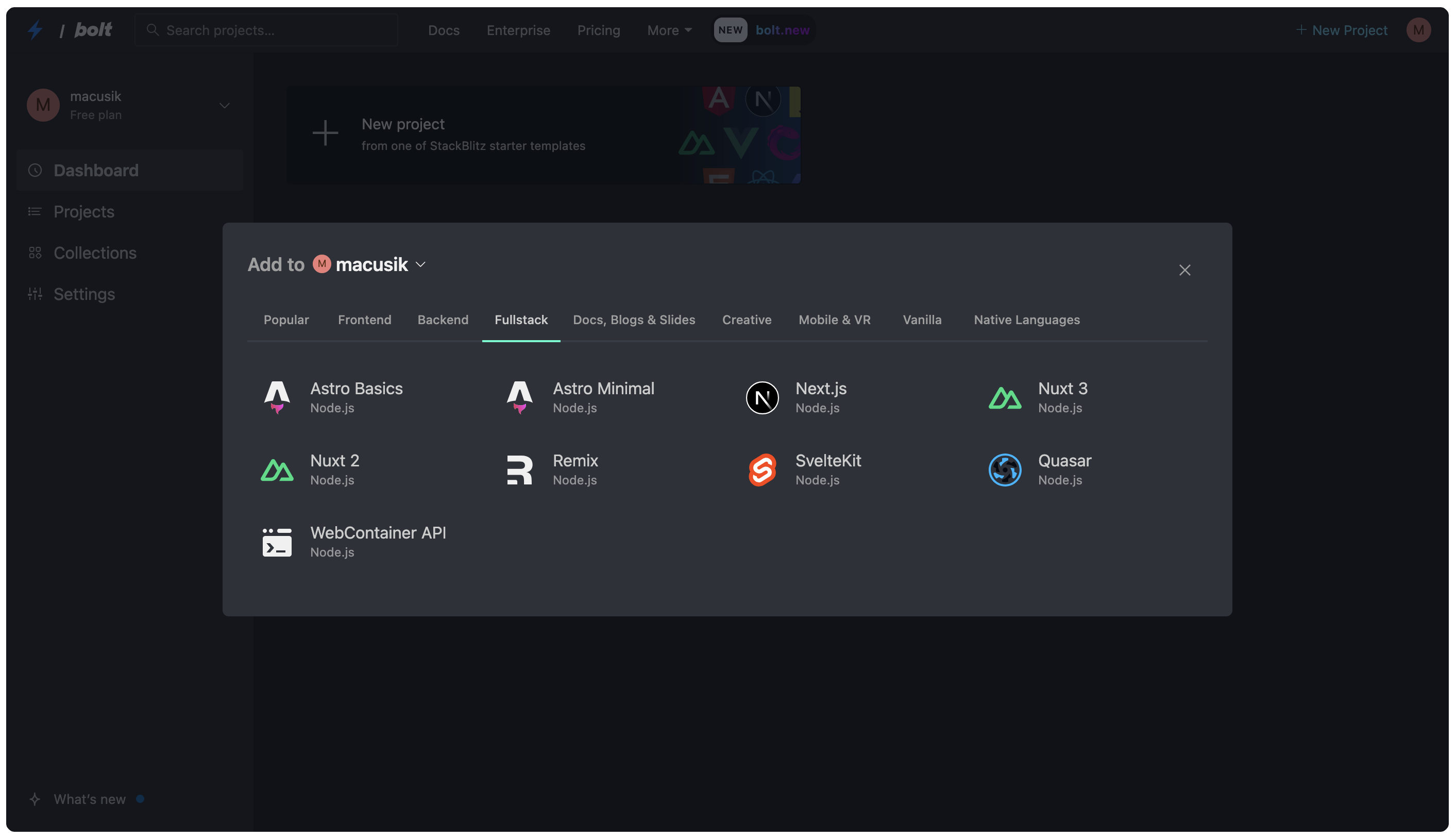 Choose your tech stack with Bolt.new