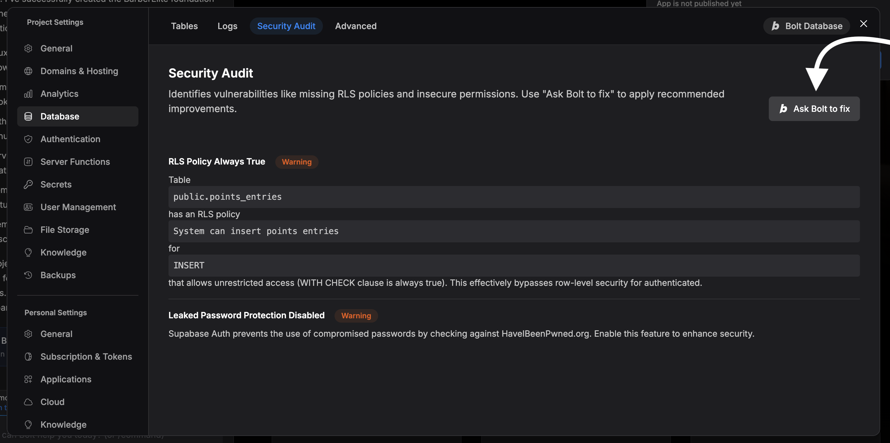 Bolt.new security audit for All About Cookies Bolt review