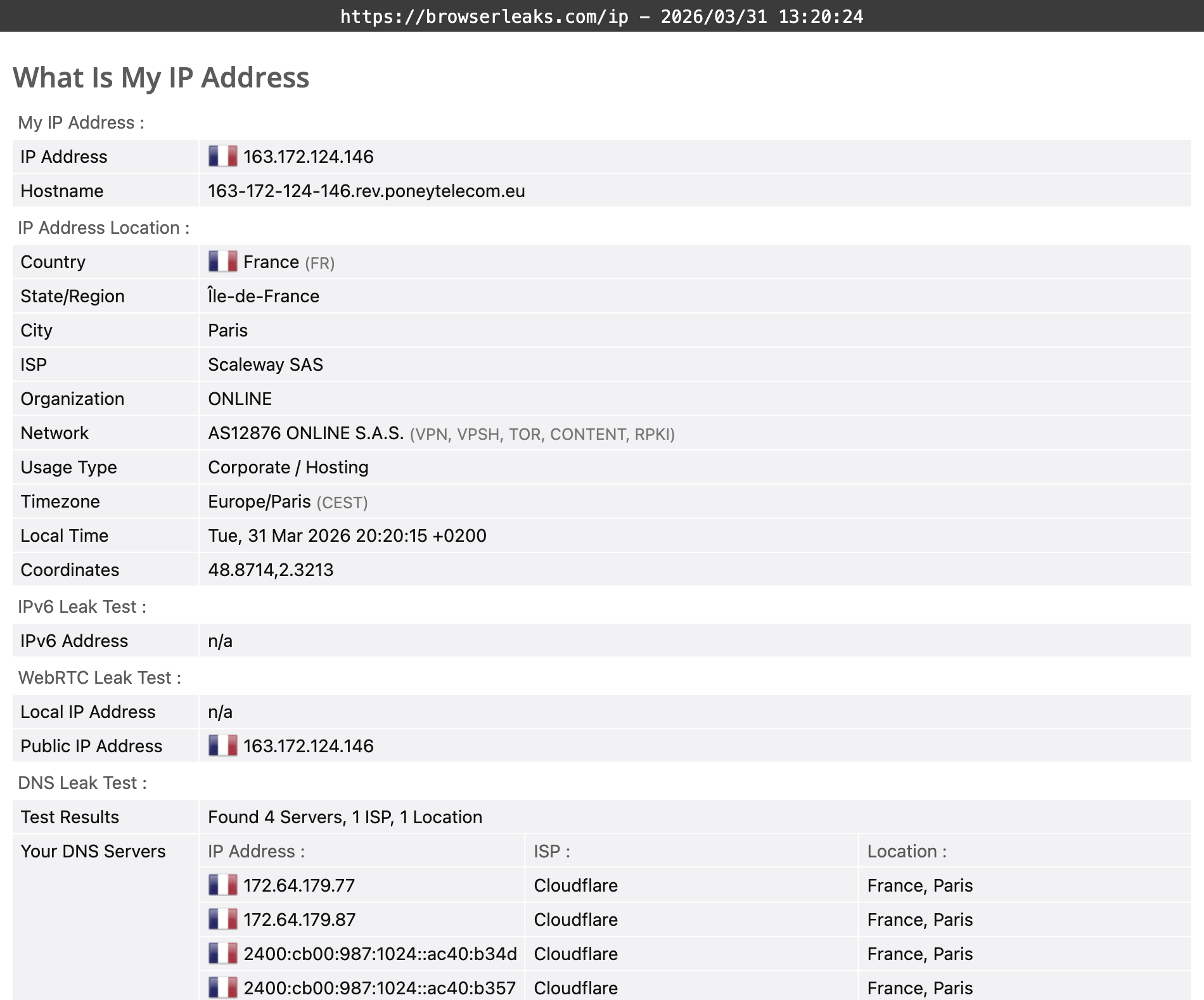 CactusVPN's DNS leak test results (passed).