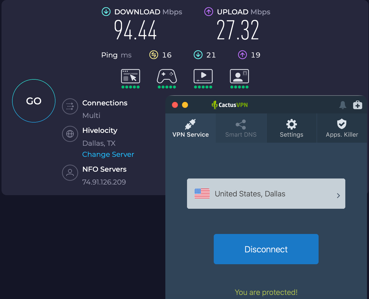 Speed test results for CactusVPN while connected to a server in Dallas (94.44 download, 27.32 upload, 16 latency)