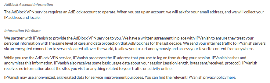 AdBlock VPN privacy policy stating partnership with IPVanish