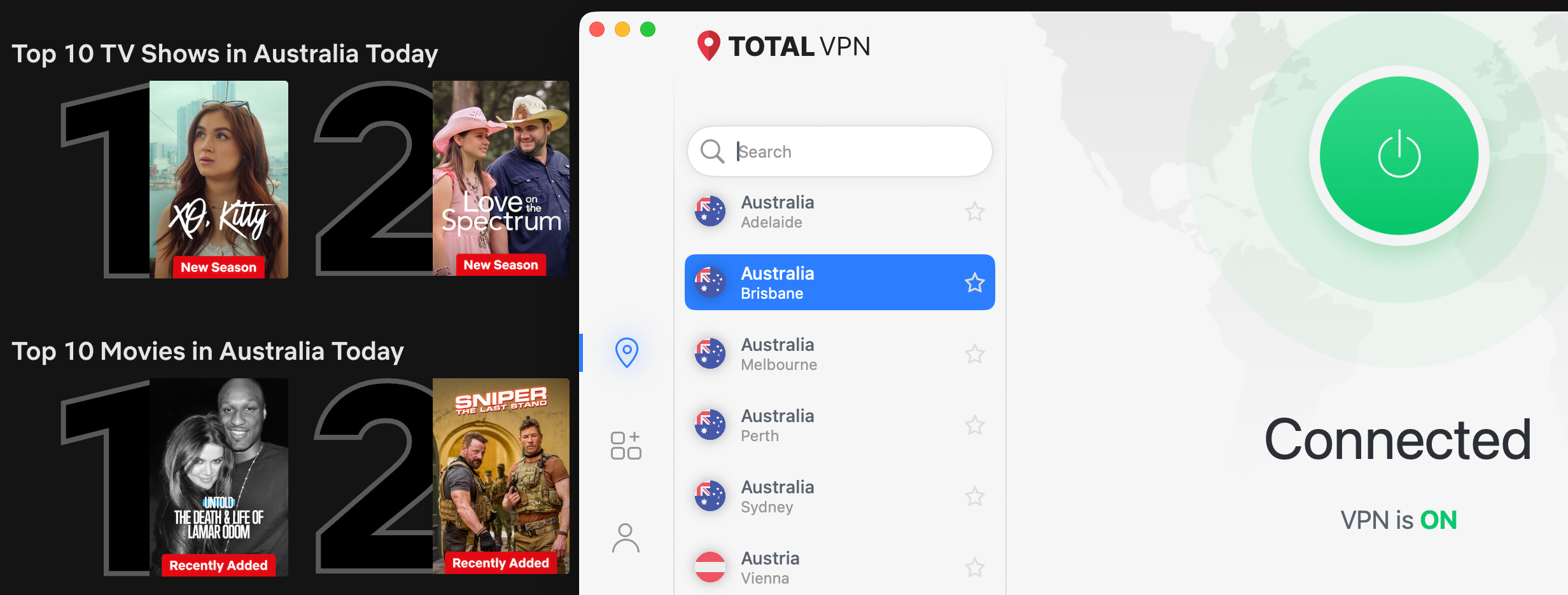 Netflix list of top shows and movies in Australia today with Total VPN in the foreground
