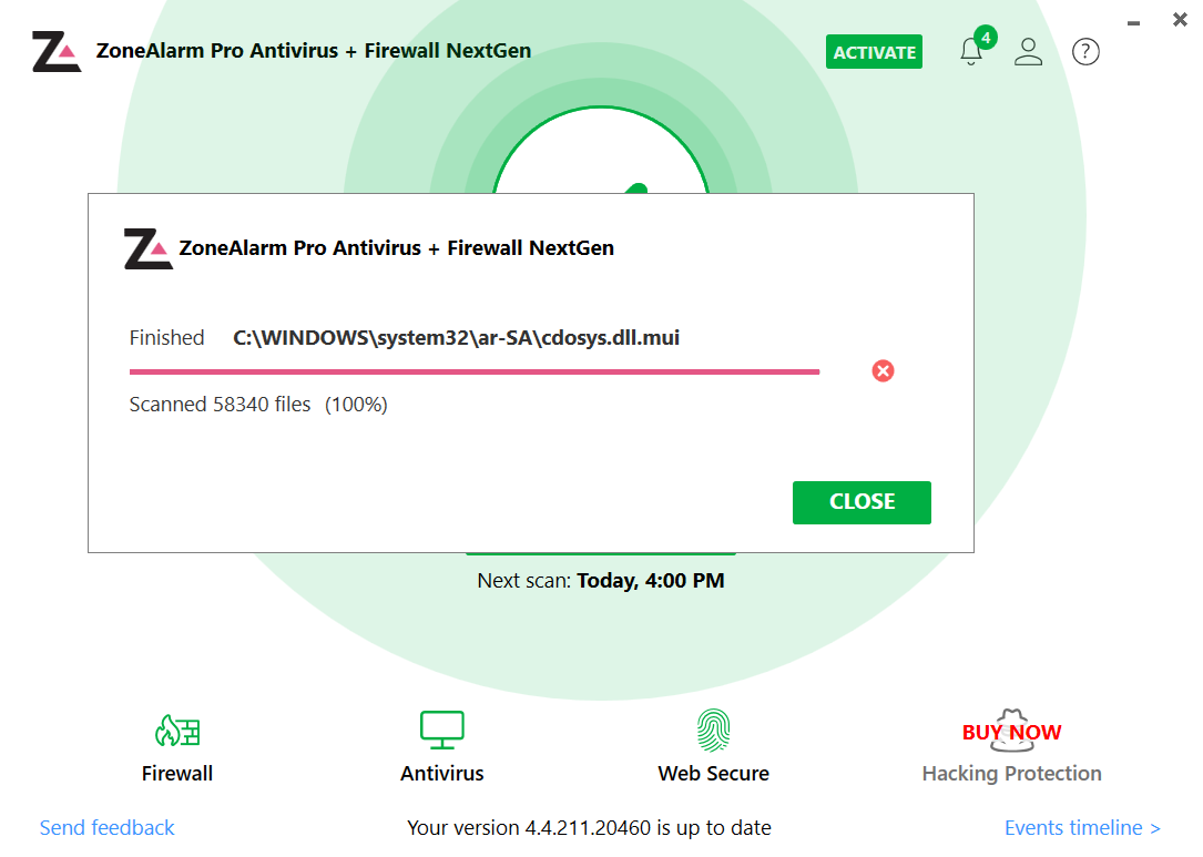 ZoneAlarm critical scan at 100%