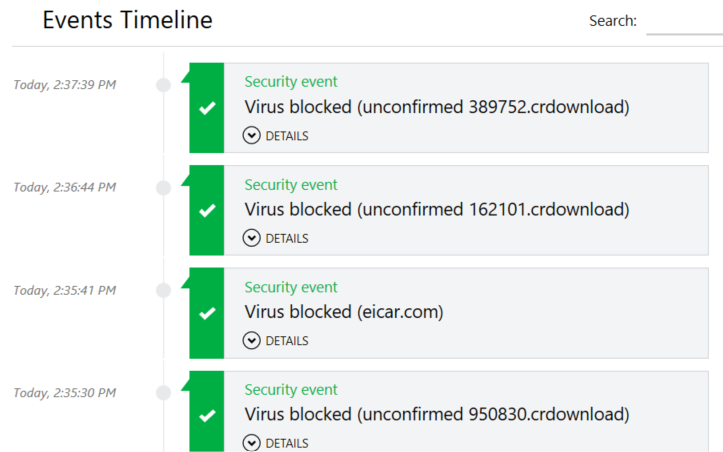ZoneAlarm's events timeline flagging security events that viruses were blocked