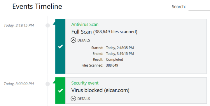 ZoneAlarm's events timeline with details of full scan opened