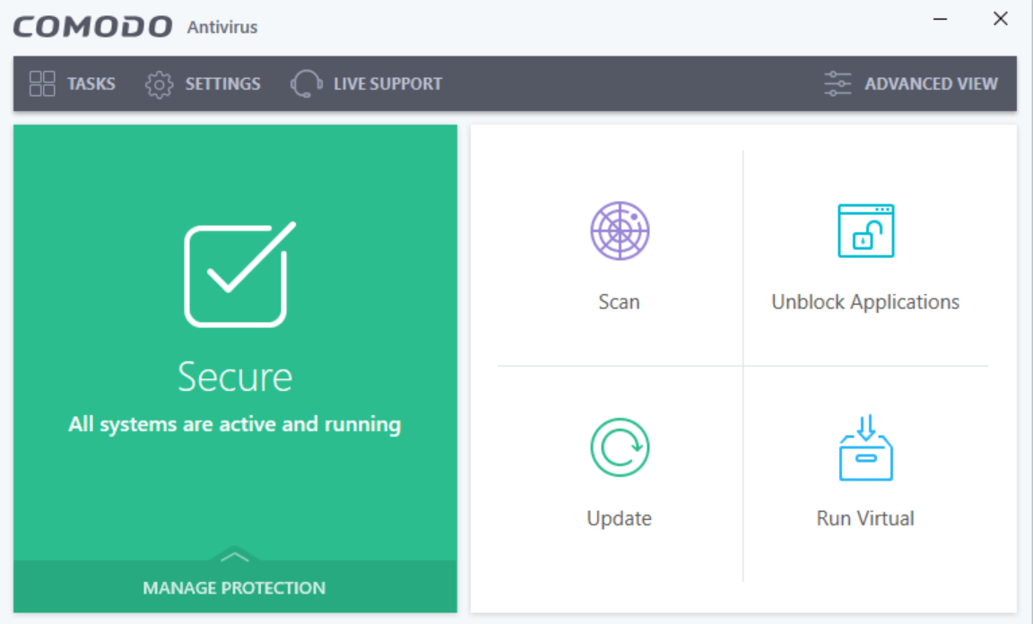 Comodo Antivirus dashboard