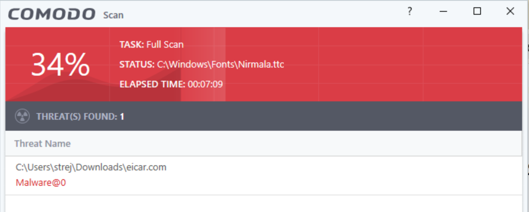 Comodo Antivirus full scan in progress showing one flagged threat