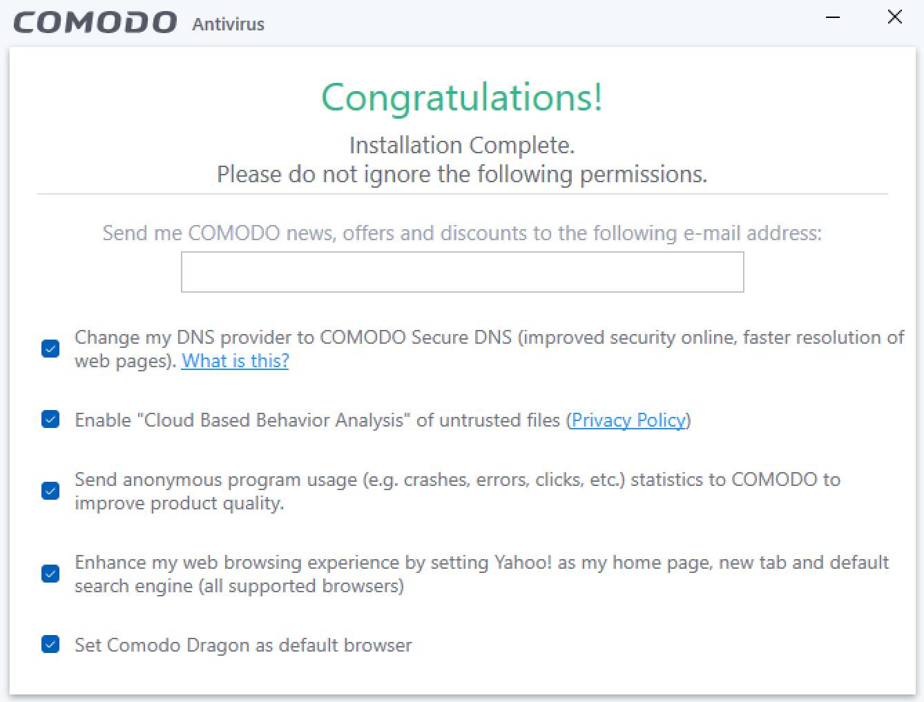 Comodo Antivirus setup completion screen with list of permissions