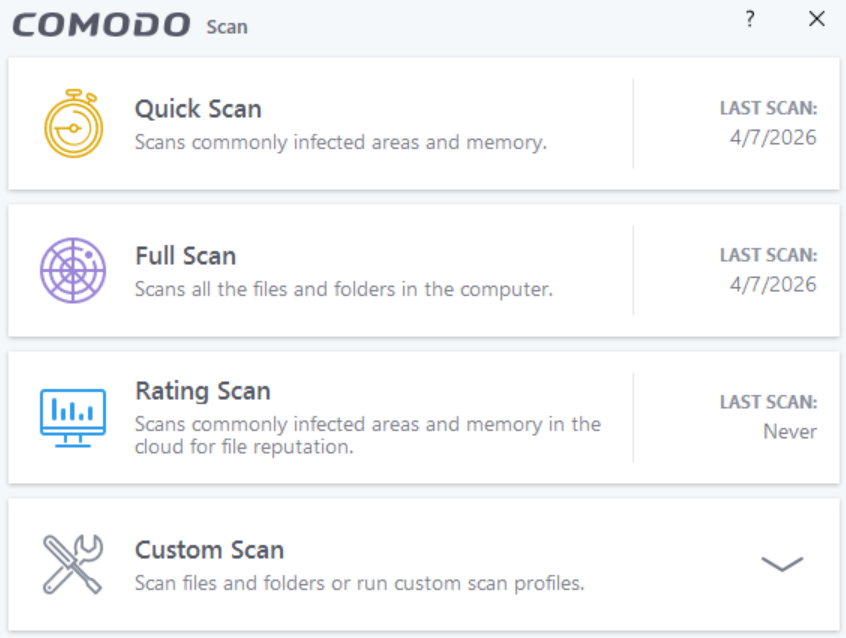 Comodo antivirus scan options
