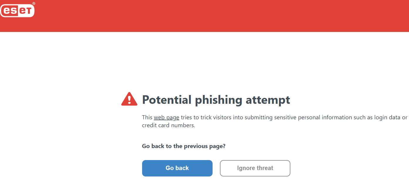 ESET warning flagging a potential phishing attempt