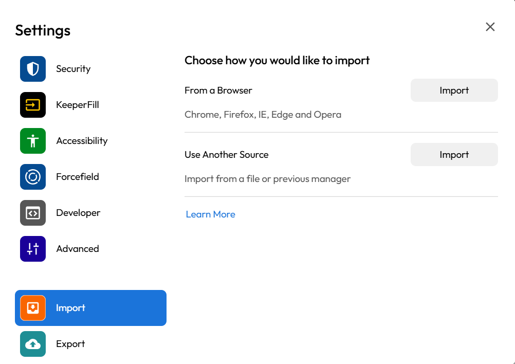 Keeper settings open on Import tab