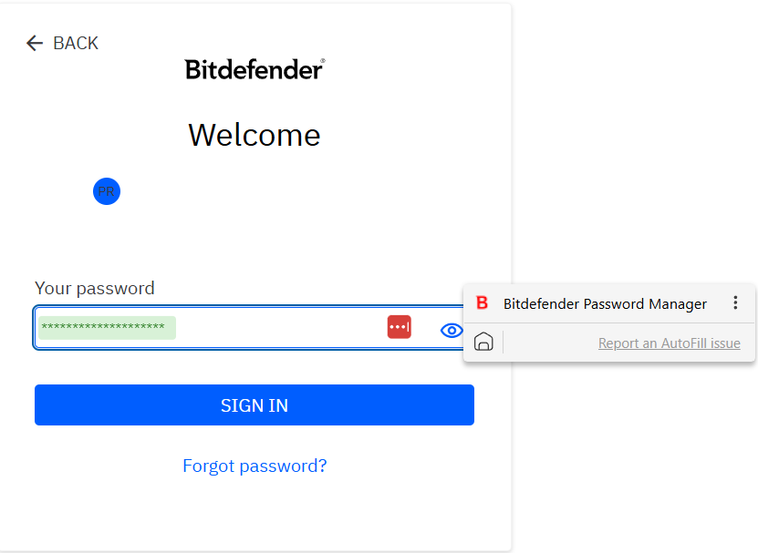 Bitdefender Password Manager login with an autofill bubble from RoboForm