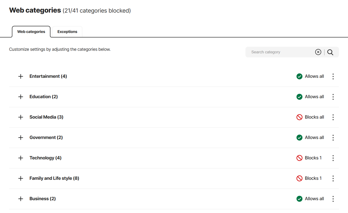 Norton Family list of web categories that can be monitored