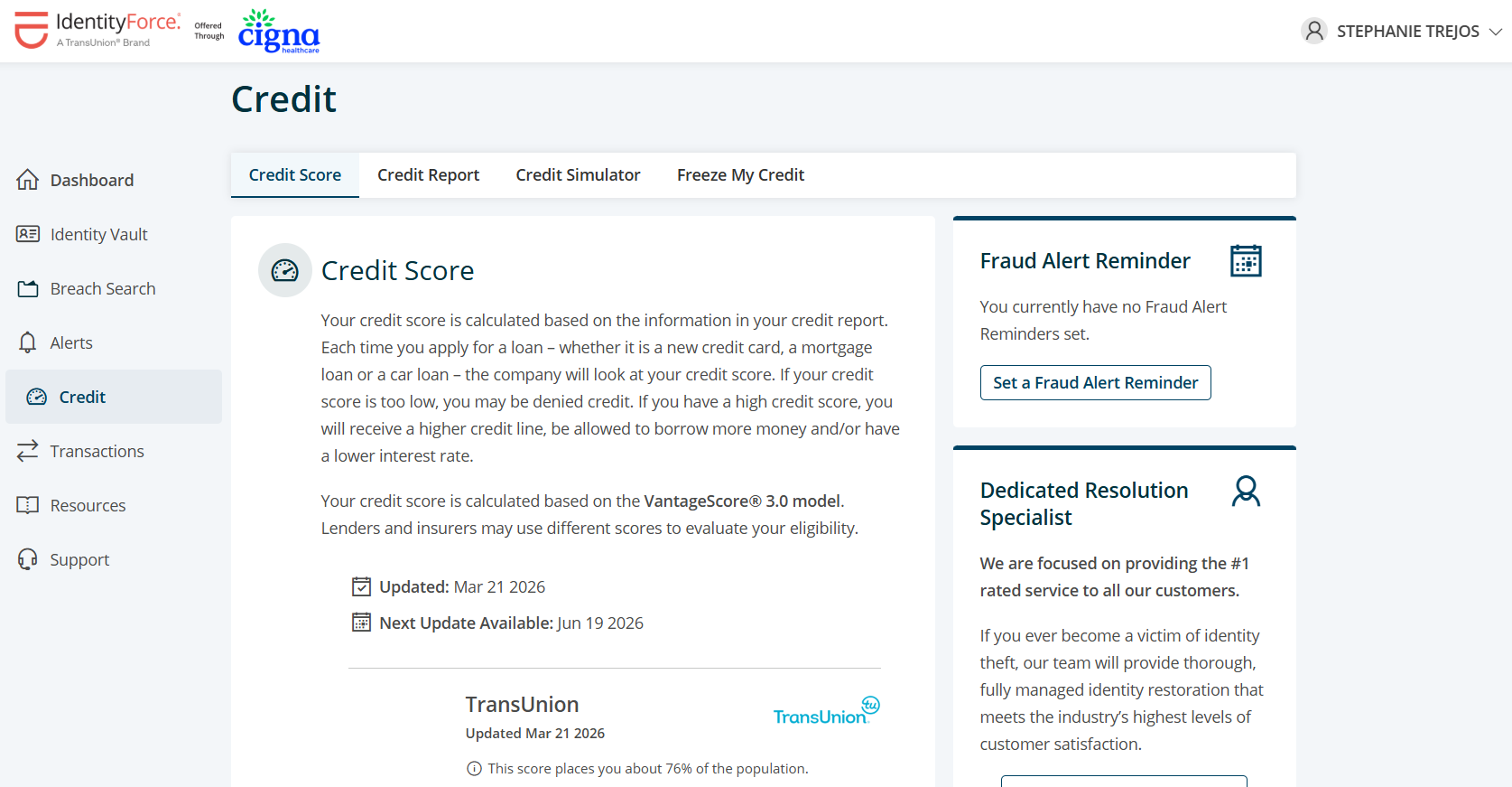 IdentityForce credit score tab