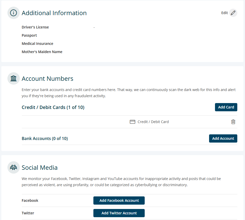 IdentityForce Identity Vault tab with sections to fill out additional info, account numbers, and social media