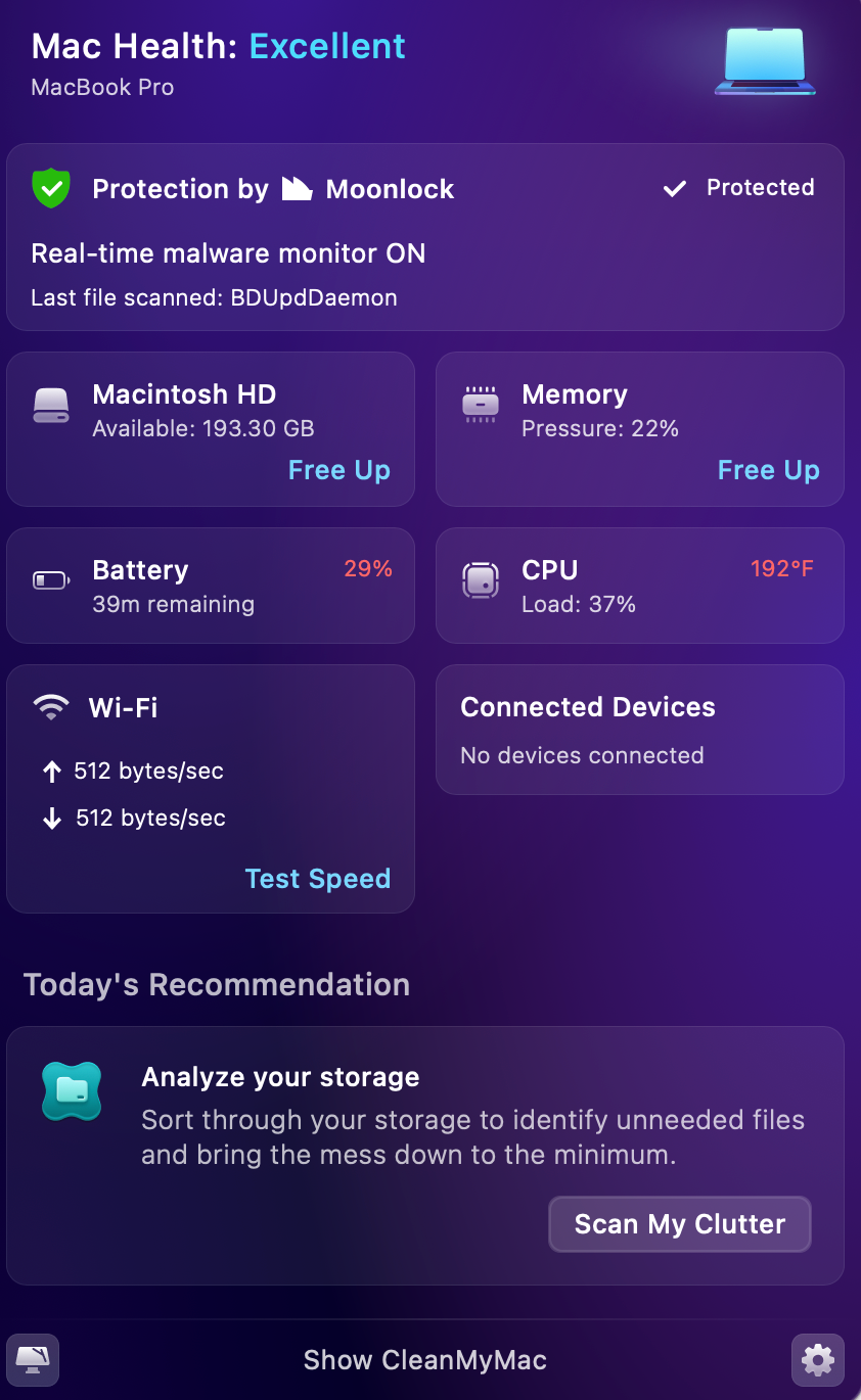 CleanMyMac Mac health summary with options to free up memory space