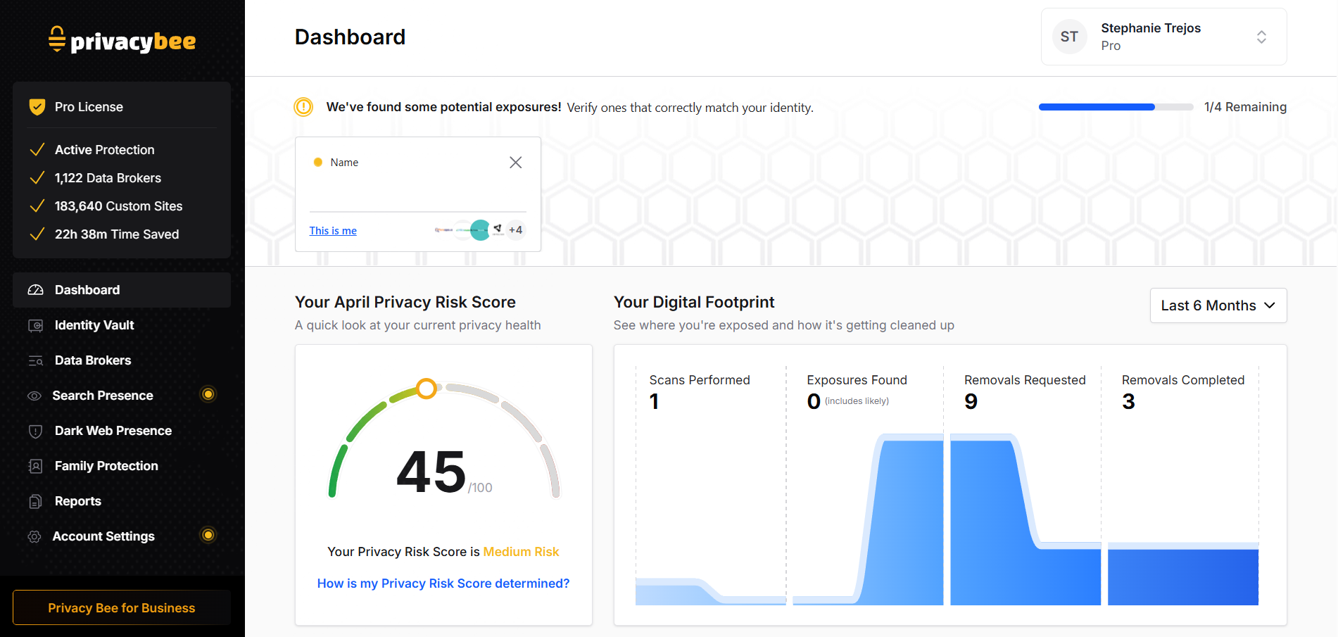 Privacy Bee dashboard with potential exposures flagged at the top