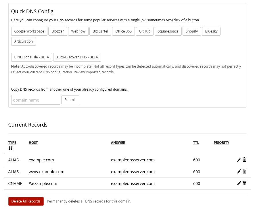 DNS control panel
