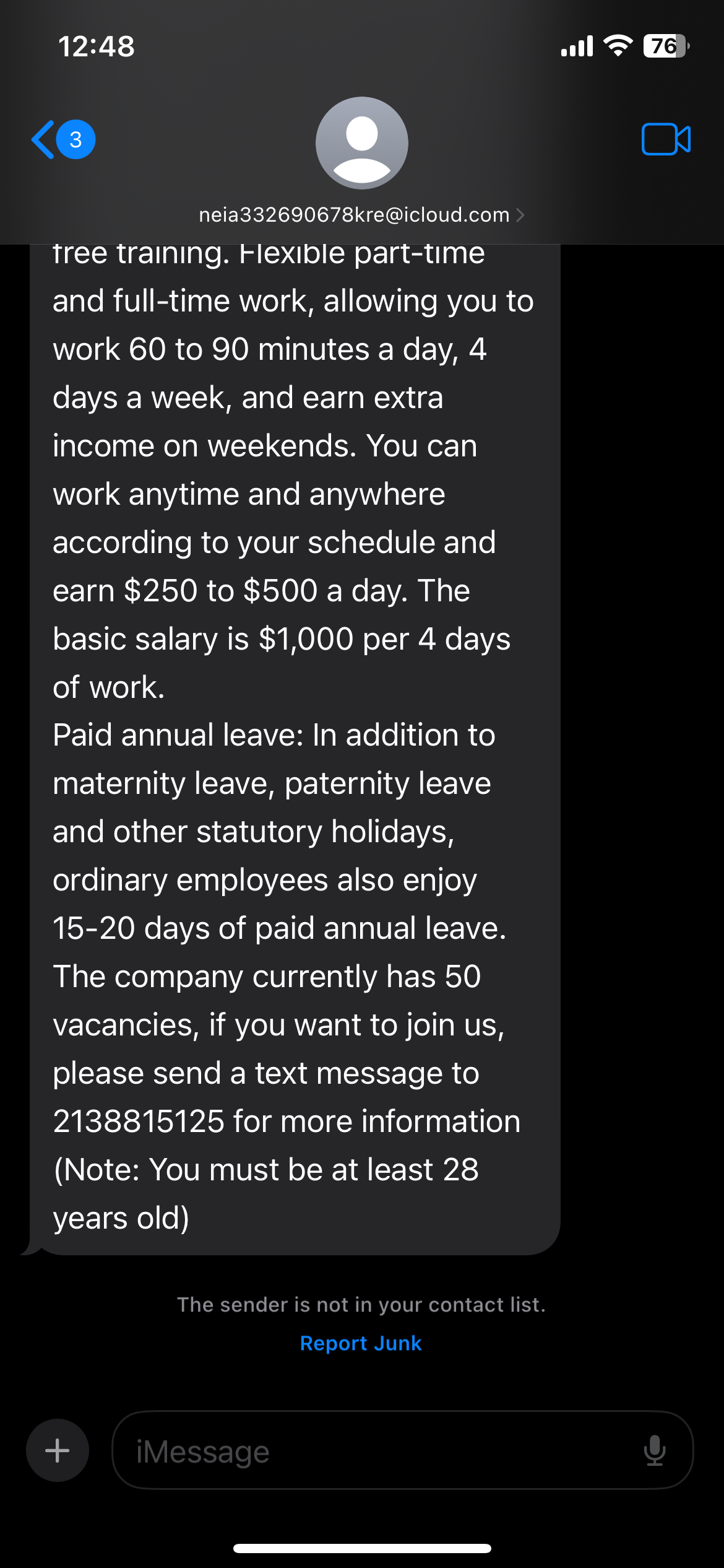 Generic job scam text message