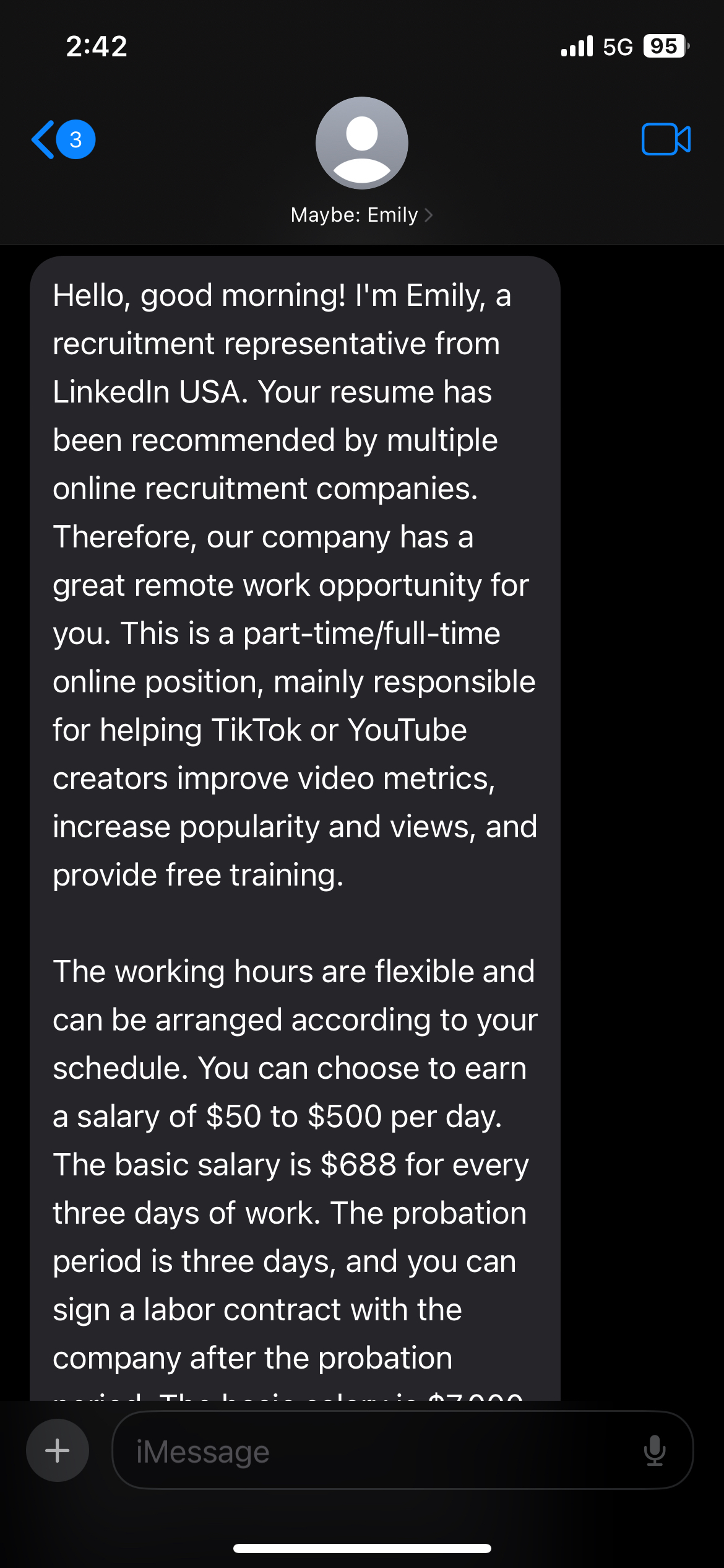 Real LinkedIn job scam text