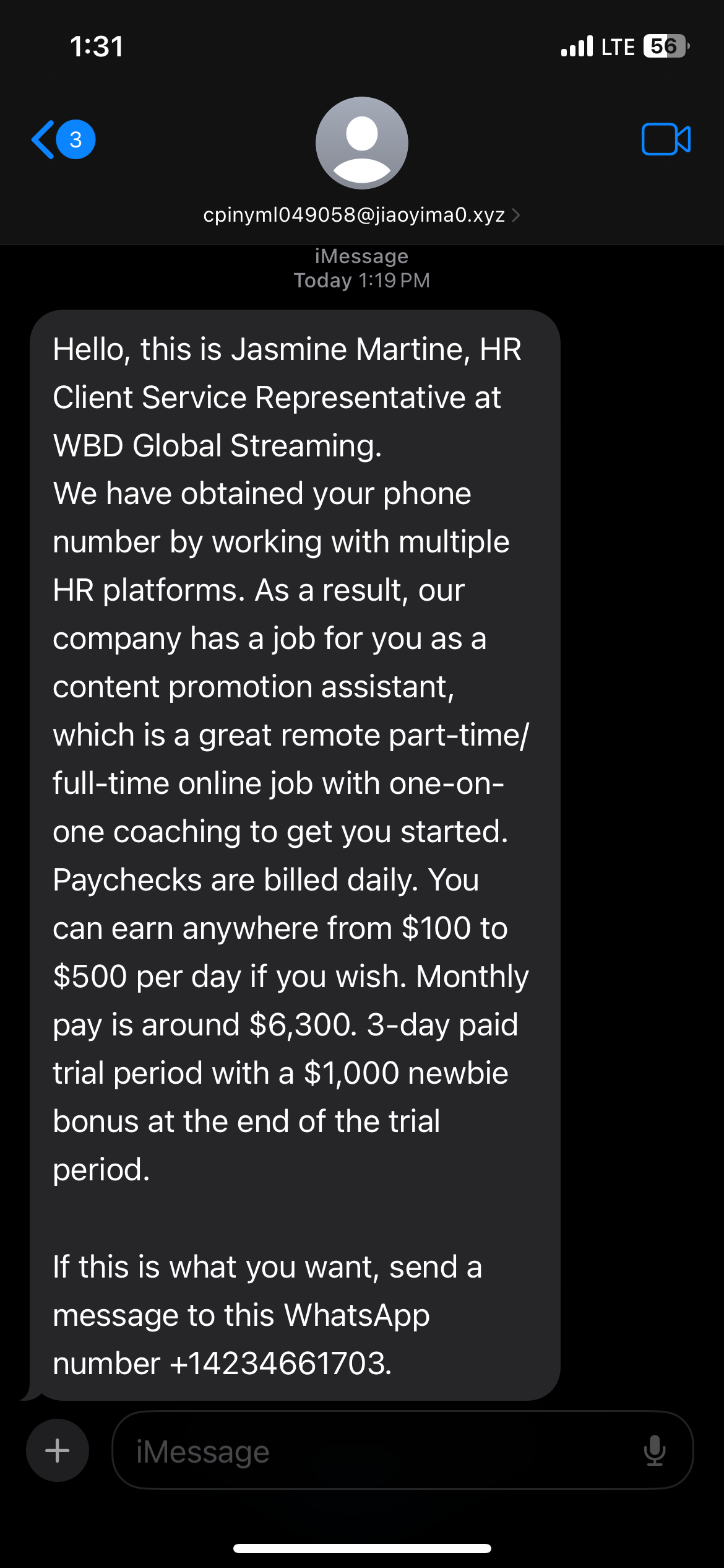 Phony HR job scam text