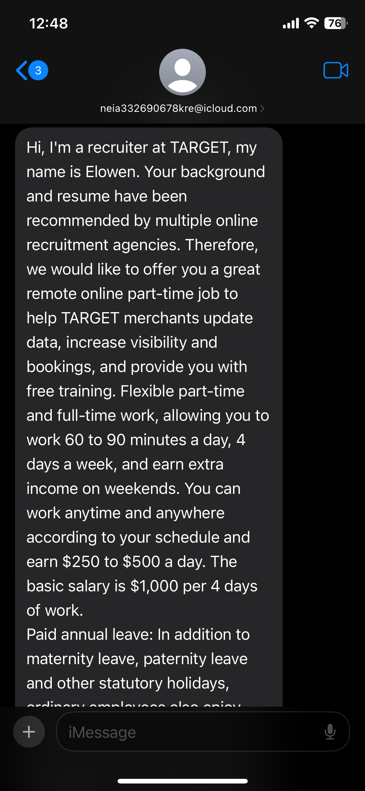 Target job scam text message