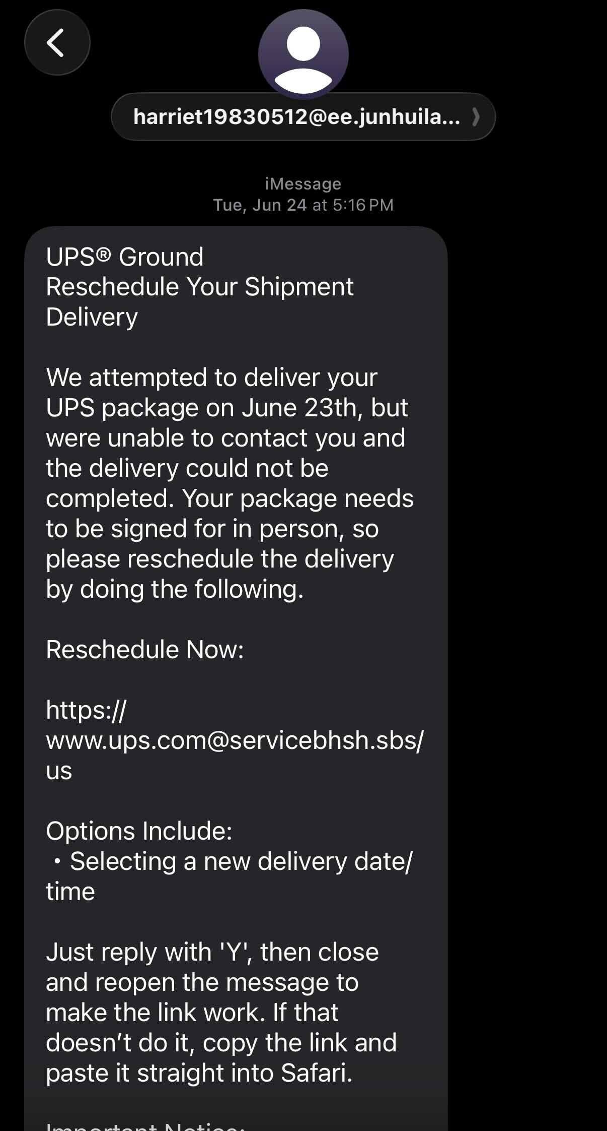 UPS scam text sent from email address