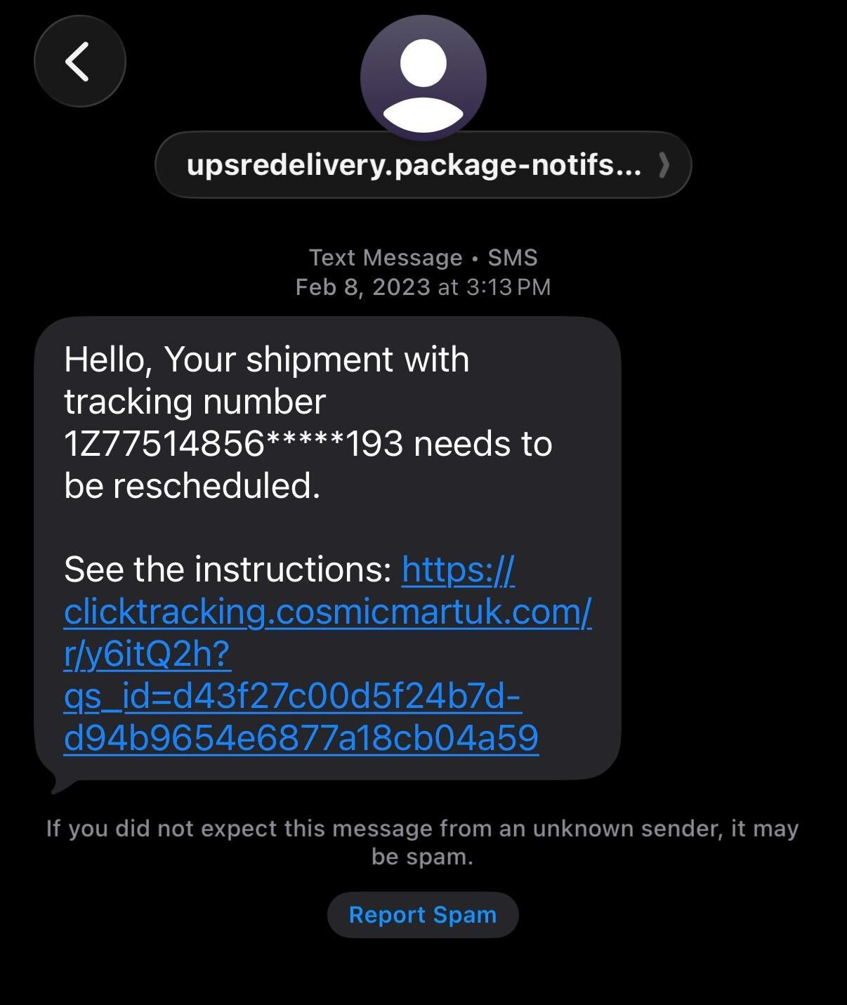 Real UPS scam text message with phishing link