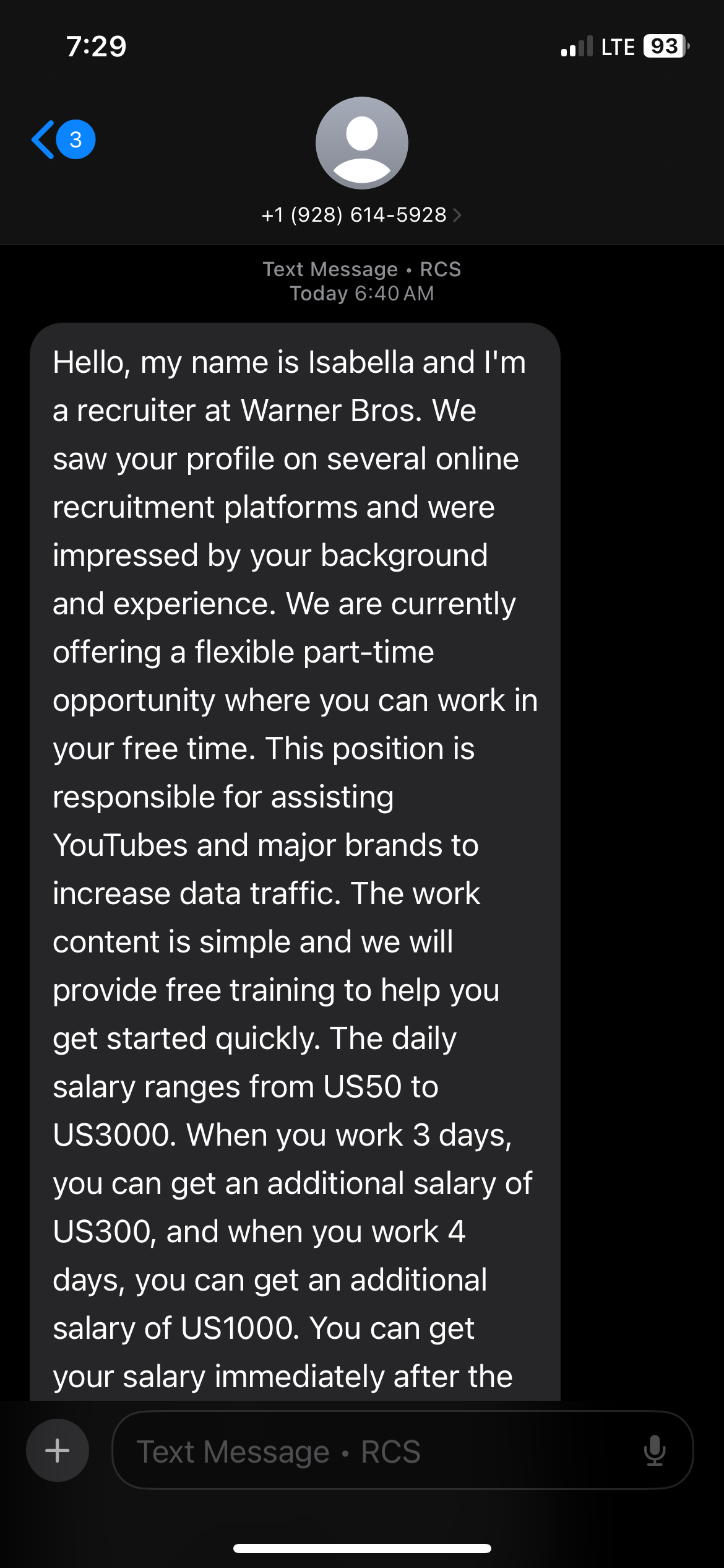 Warner Bros. job scam text