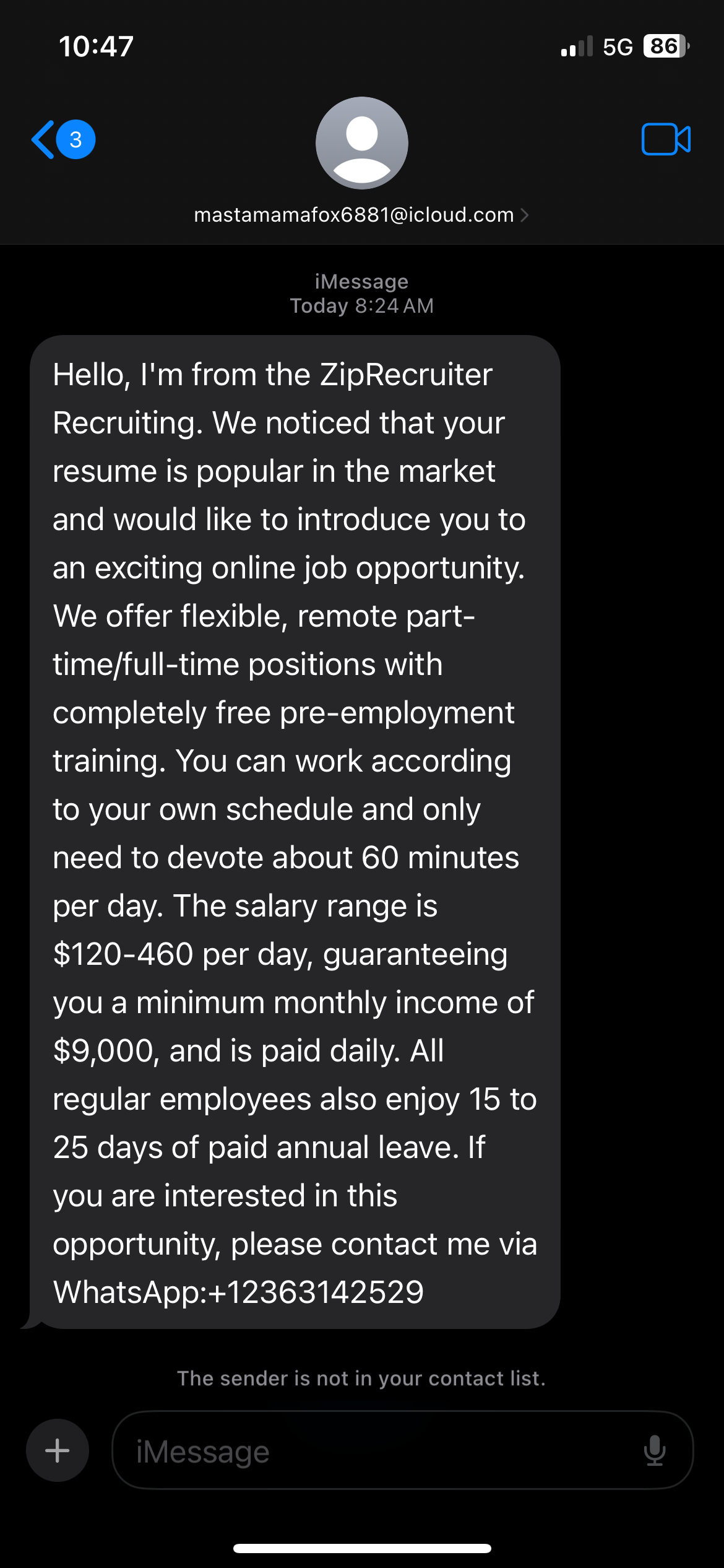 Real ZipRecruiter text message scam