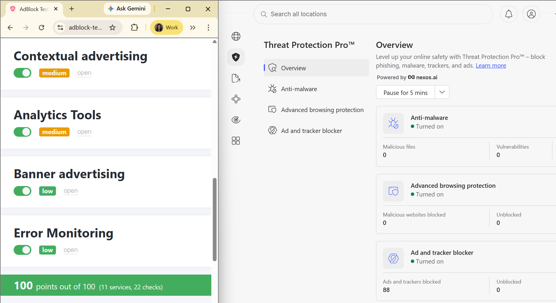 NordVPN Threat Protection Pro's AdBlock Tester results (100/100)
