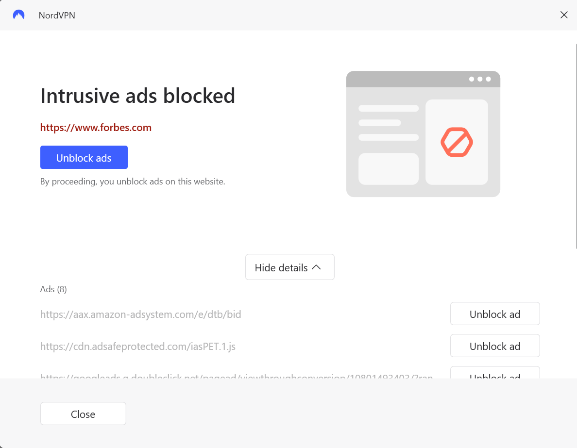 Pop-up from NordVPN Threat Protection detailing the number of intrusive ads blocked on Forbes