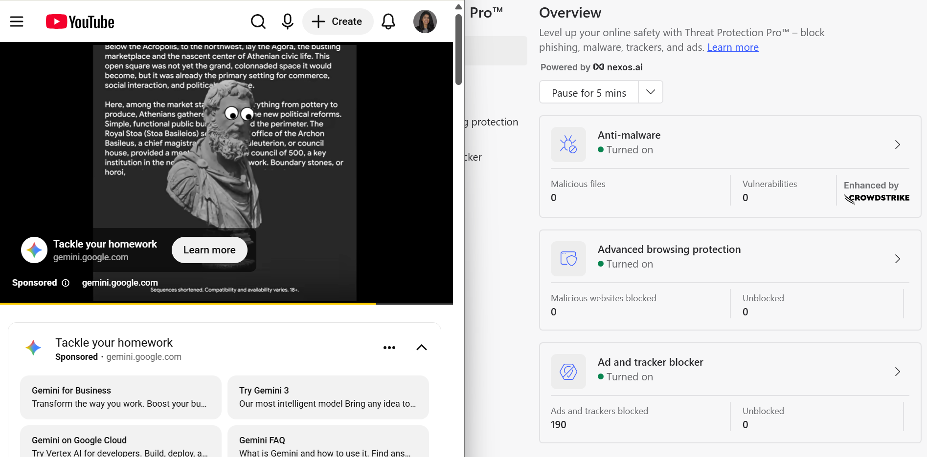 NordVPN side-by-side with YouTube ad