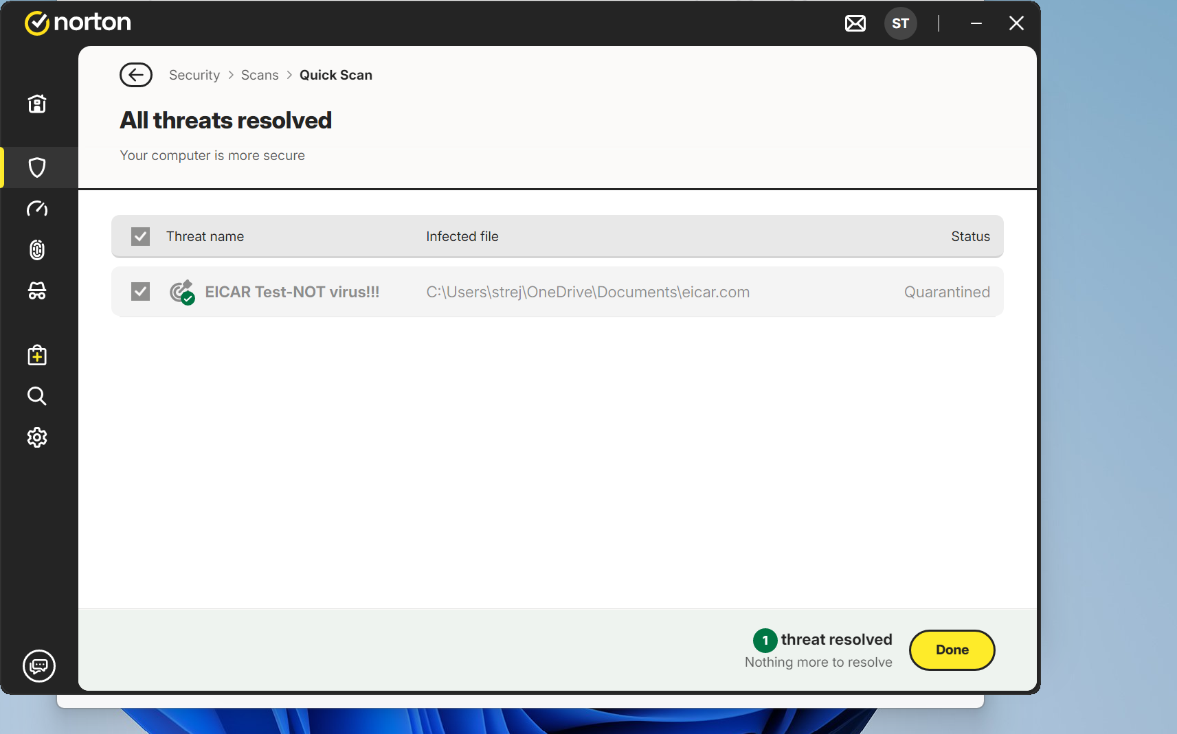 Norton showing quarantined EICAR file 