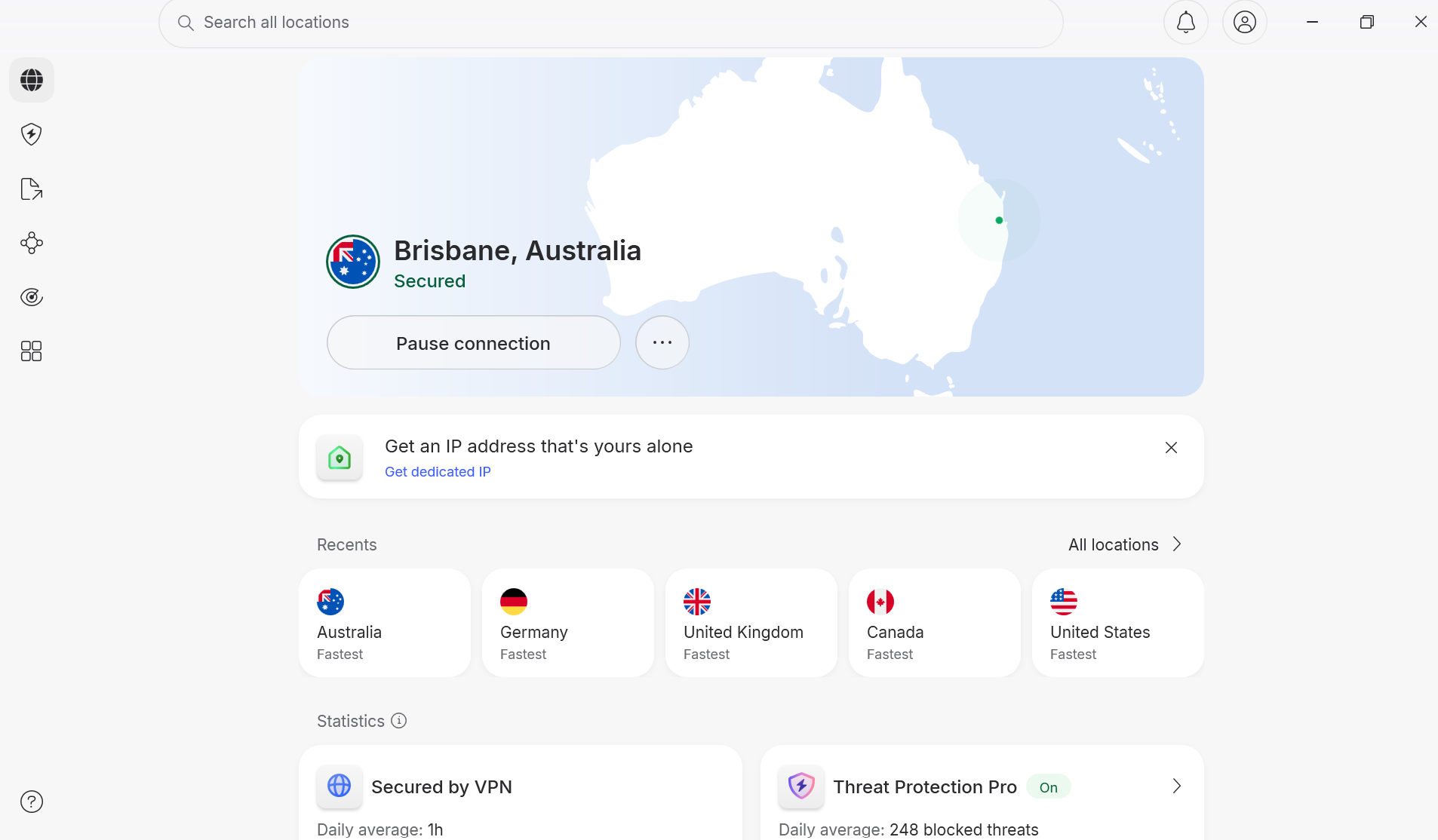 NordVPN desktop app dashboard, connected to Brisbane, Australia server
