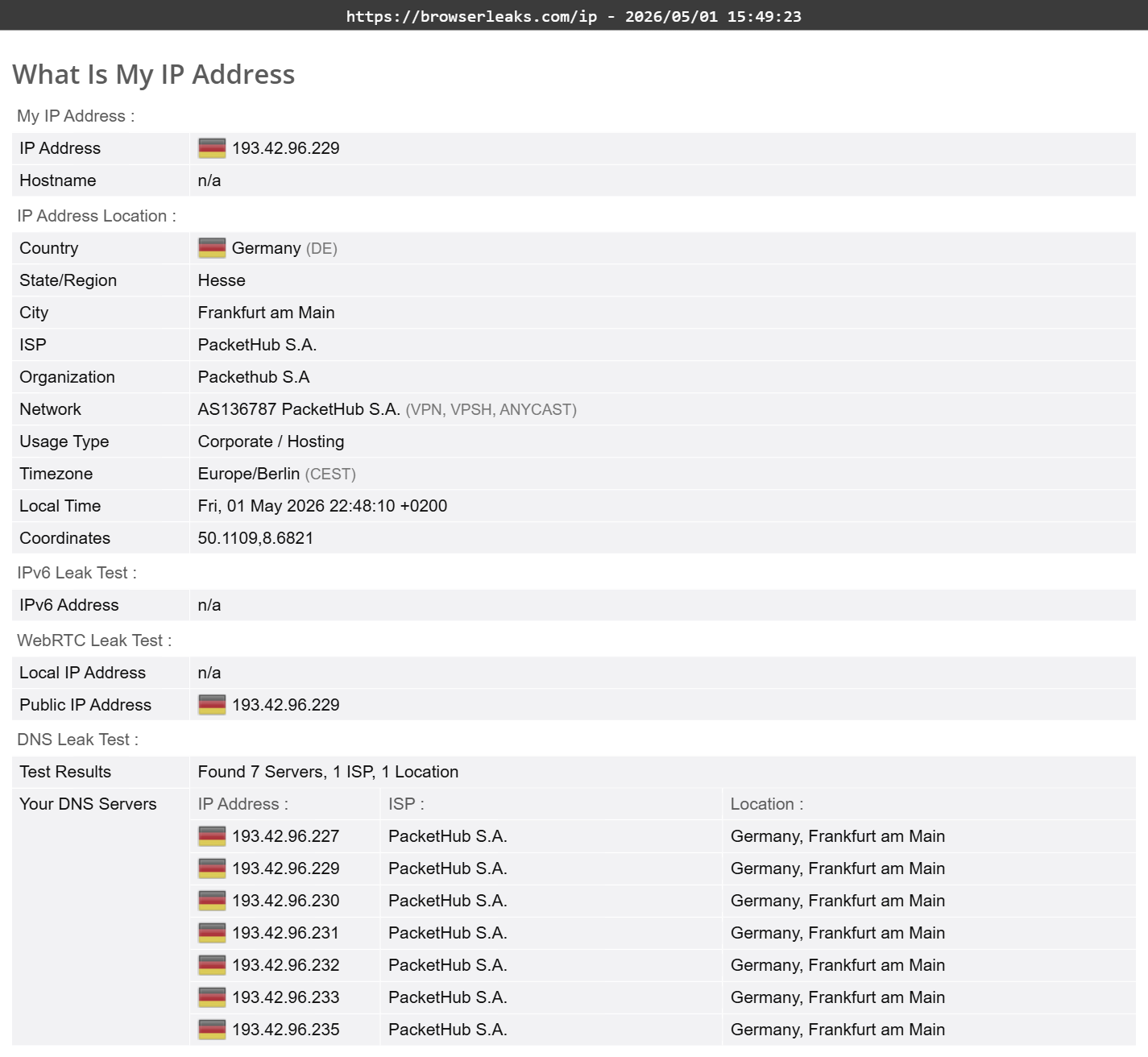 NordVPN's DNS leak test results (pass)