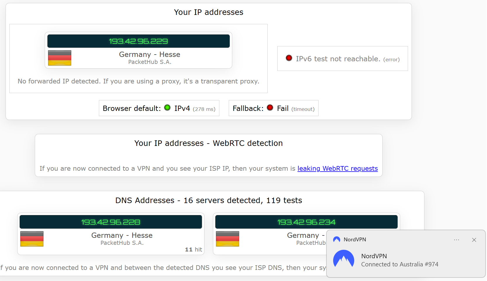 NordVPN's kill switch test results (pass)