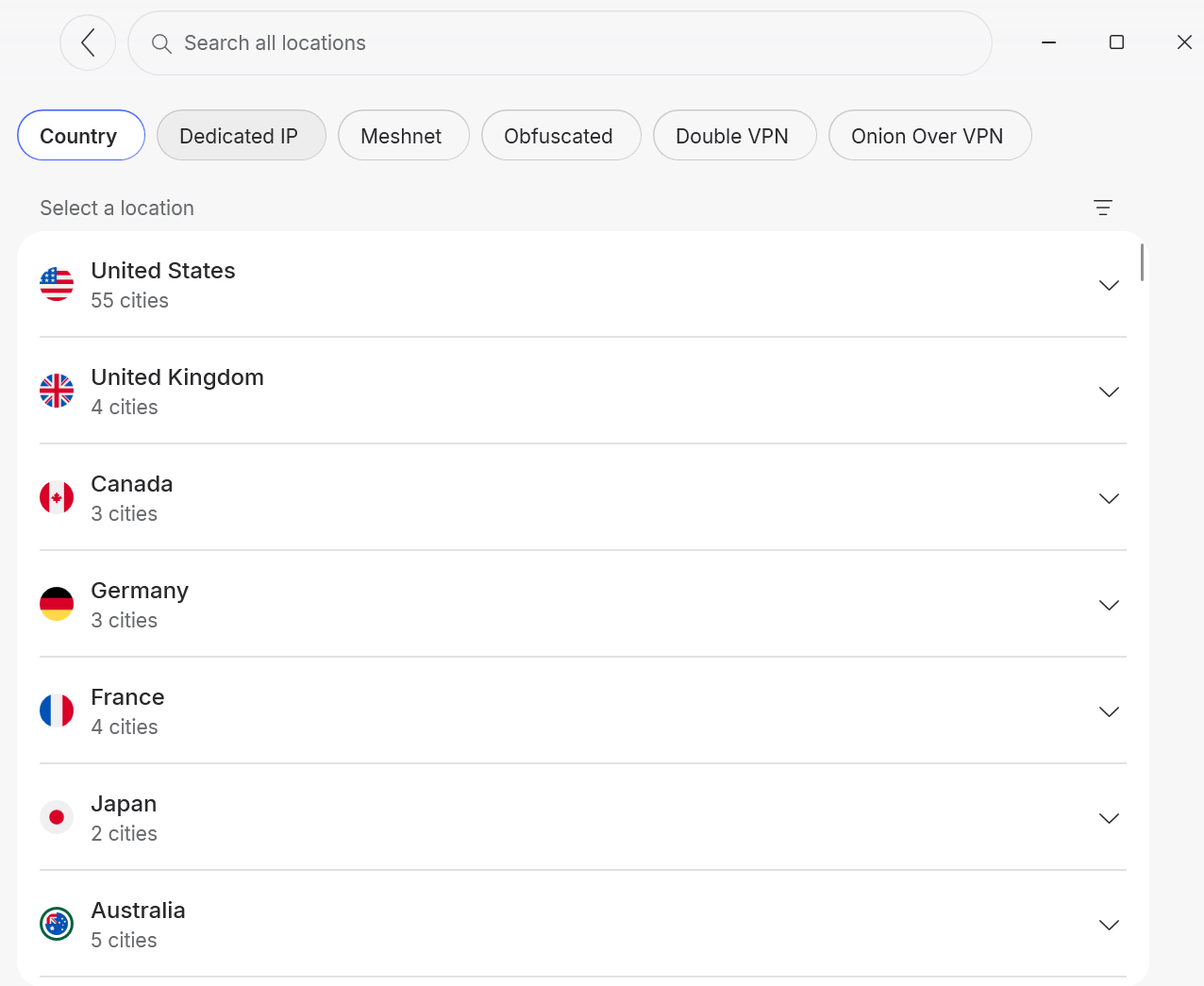 NordVPN server list tab