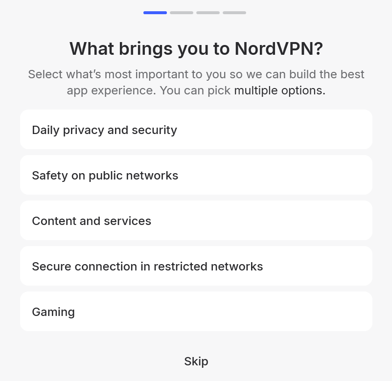 NordVPN setup page asking "what brings you to NordVPN?"