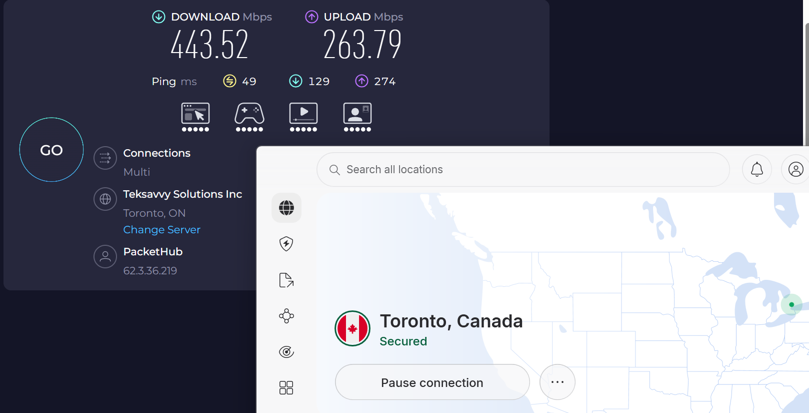 Speed test results for NordVPN while connected to a Toronto server (443.52 download, 263.79 upload, 48 ping)
