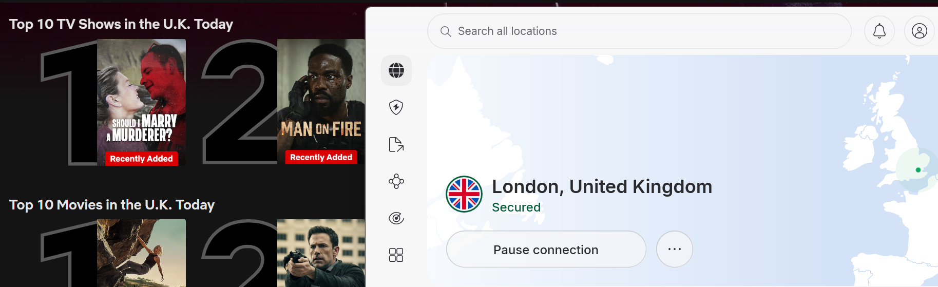 Netflix list of top shows and movies in the U.K. today with NordVPN in the foreground
