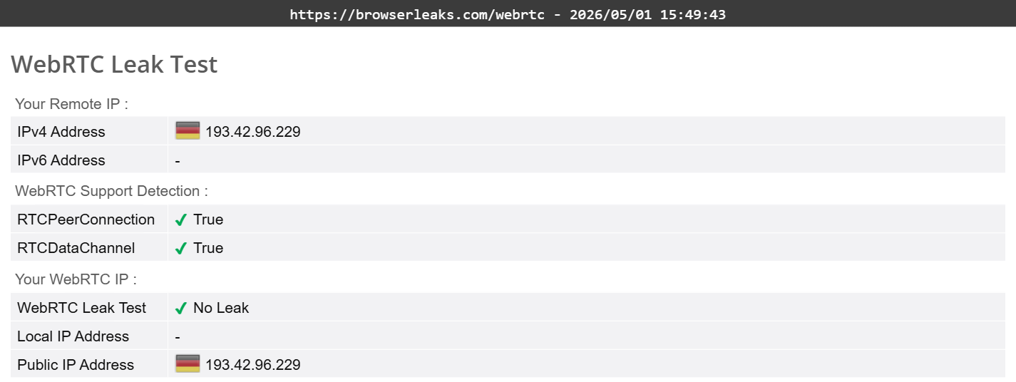 NordVPN's WebRTC leak test results (pass)