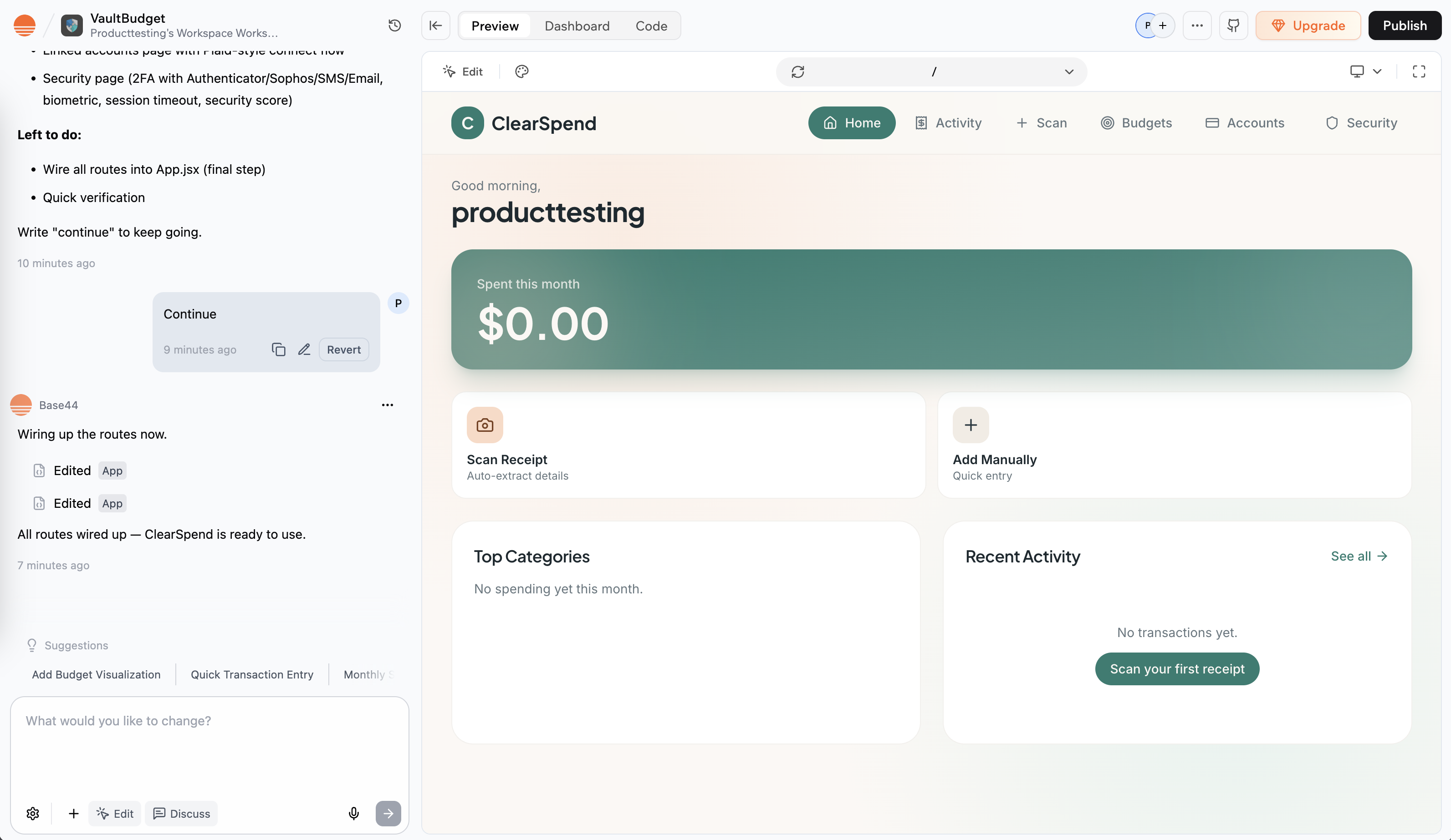 Base44 first build of the budgeting app