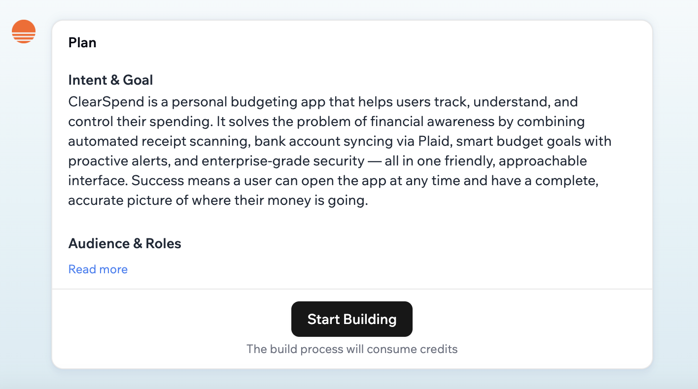 Initial plan to build a budgeting app with Base44