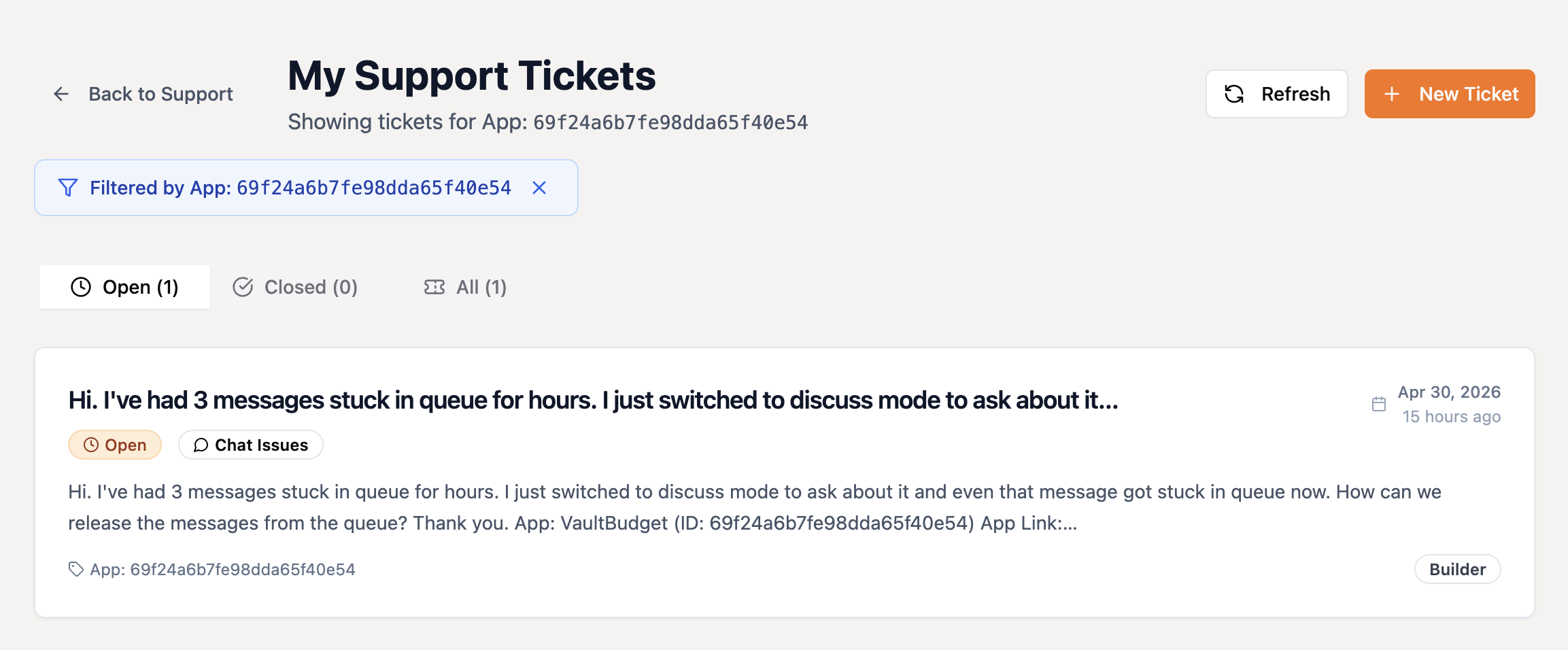 Base44 support ticket