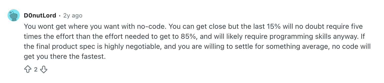 Reddit comment on AI app builders from 2024